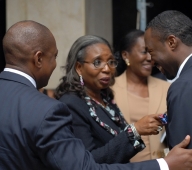 Mr Fela Durotoye, Mrs Ibukun Awosika and Mr Chukwuka Monye exchanging pleasantries